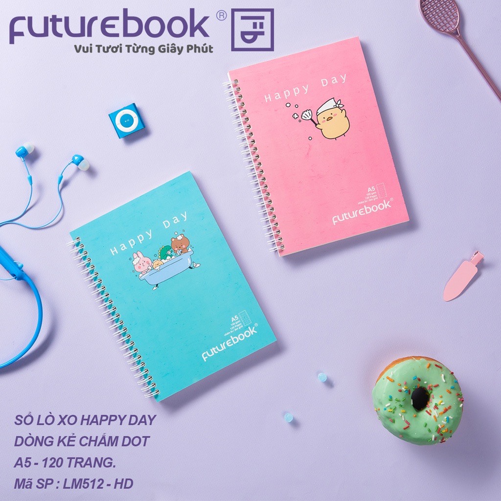 FUTUREBOOK-Sổ Lò Xo Bìa Mềm Happy Day A5-Dòng Kẻ Chấm Dot-Định Lượng 100GSm-120 Trang. Mã SP LM512