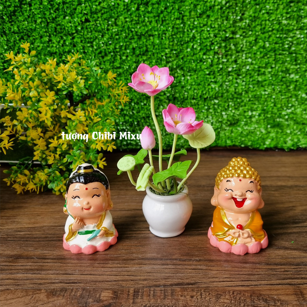 Tượng Phật Tổ - Quan Âm 6cm kèm chậu hoa sen bằng đất sét Nhật