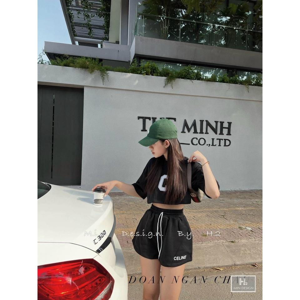 Set Quần Short + Áo Croptop CELINE Áo Croptop nữ dài tay cổ tròn, chất thun gân theo phong cách Retro Hàn Quốc