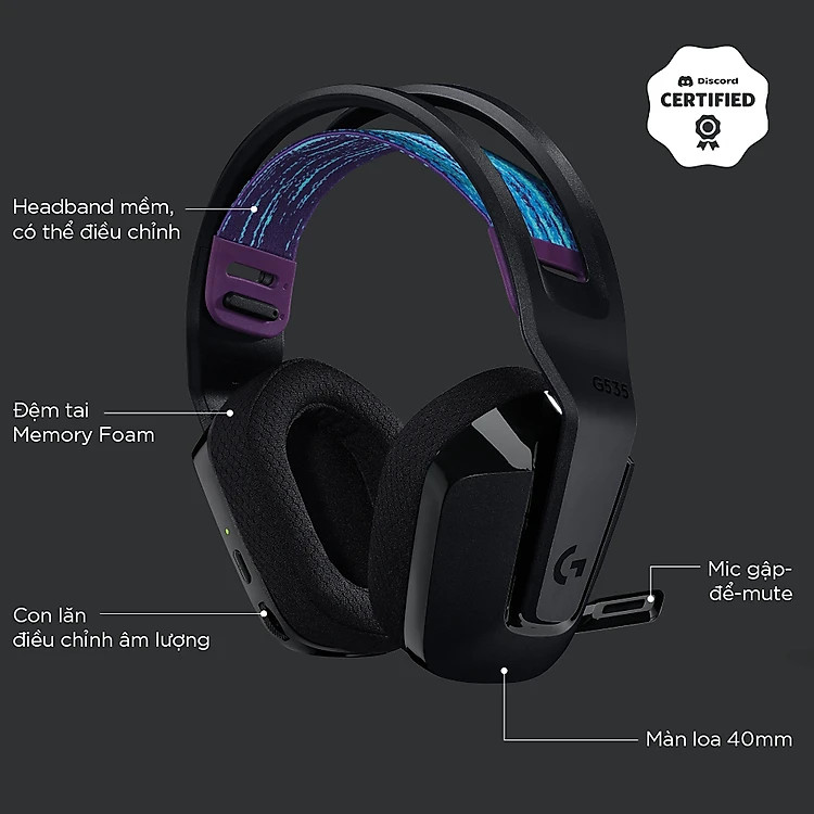 Tai nghe Gaming không dây Lightspeed Logitech G535 màu Đen (981-000973) - Trọng lượng nhẹ, âm thanh nổi, tương thích PC, PS4, PS5, Mic gấp để tắt tiếng - Hàng chính hãng