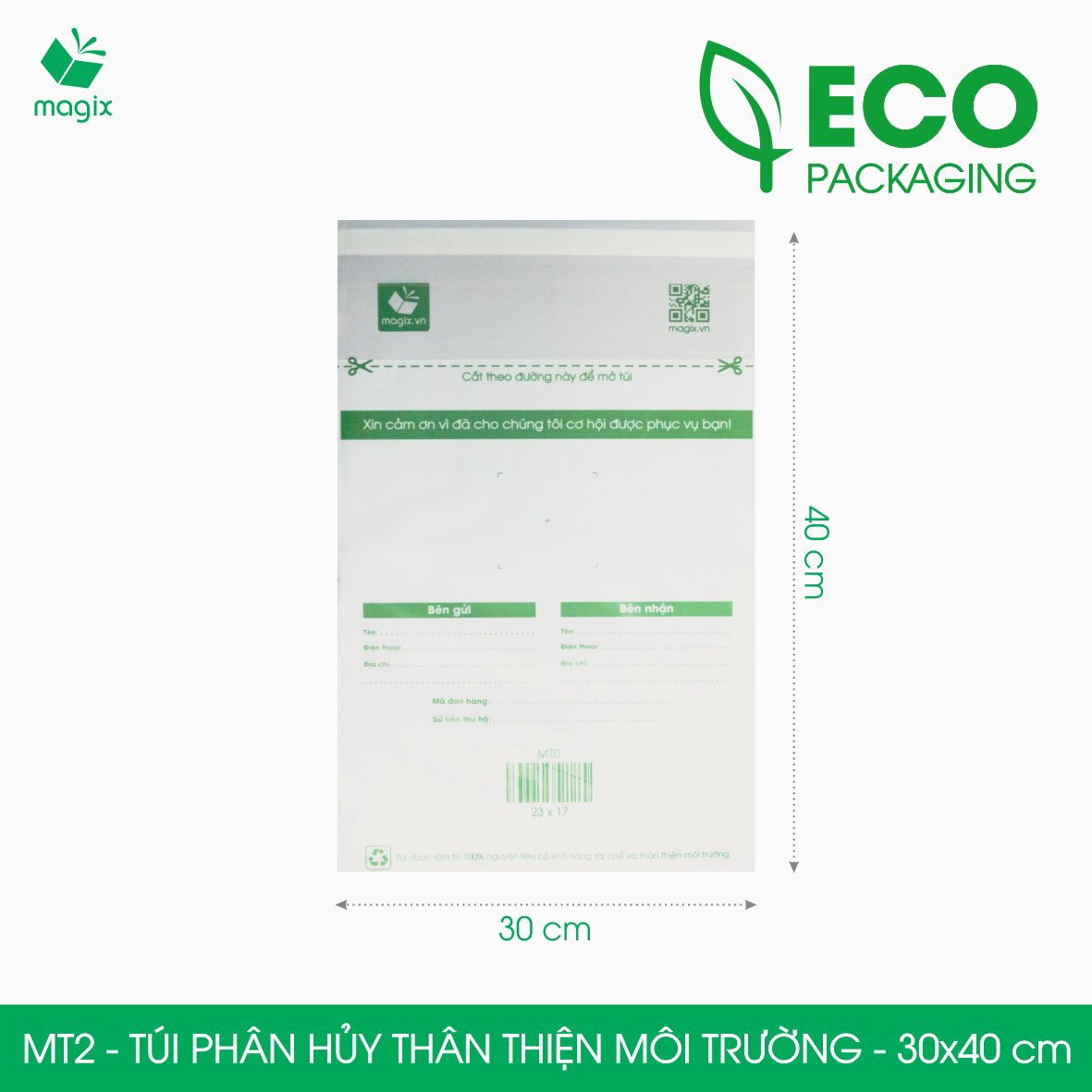 MT2 – 40×30 cm – 100 túi đóng hàng niêm phong phân hủy thân thiện môi trường, túi gói hàng