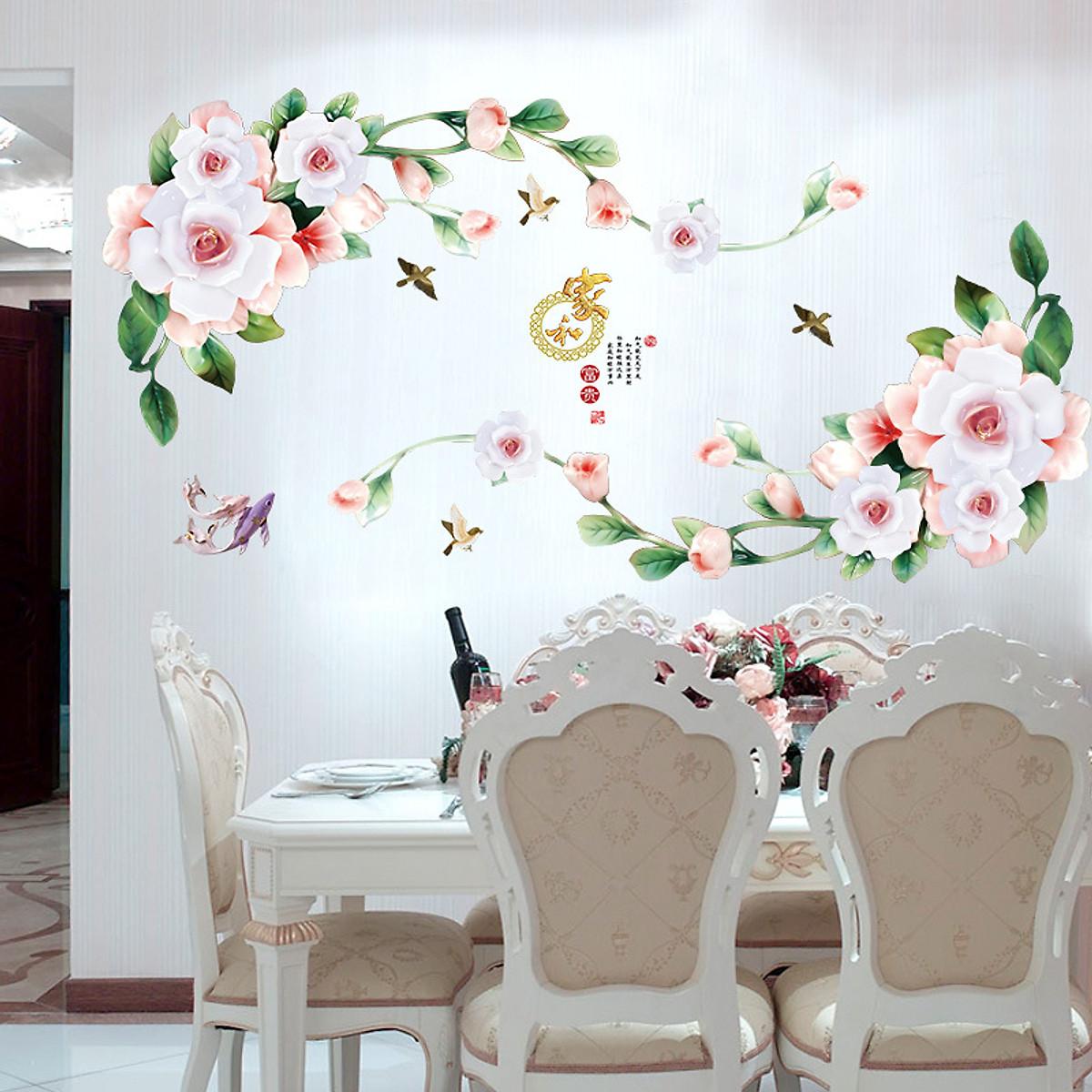 DECAL DÁN TƯỜNG ĐÔI HOA HỒNG TRẮNG CÁ CHÉP - HP857