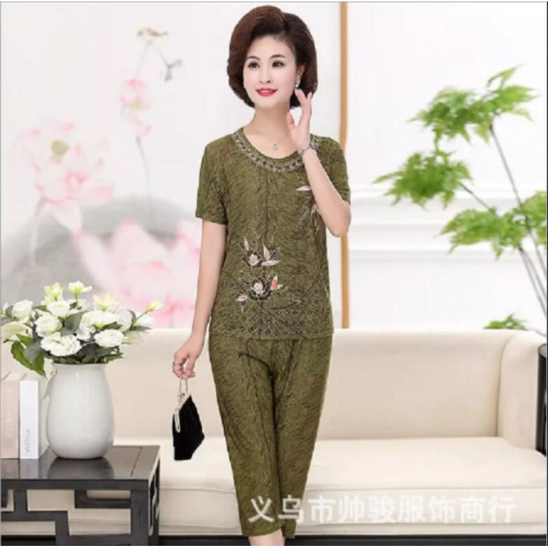 Bộ trung niên nữ mặc nhà thêu hoa chất liệu mềm mịn thoáng mát