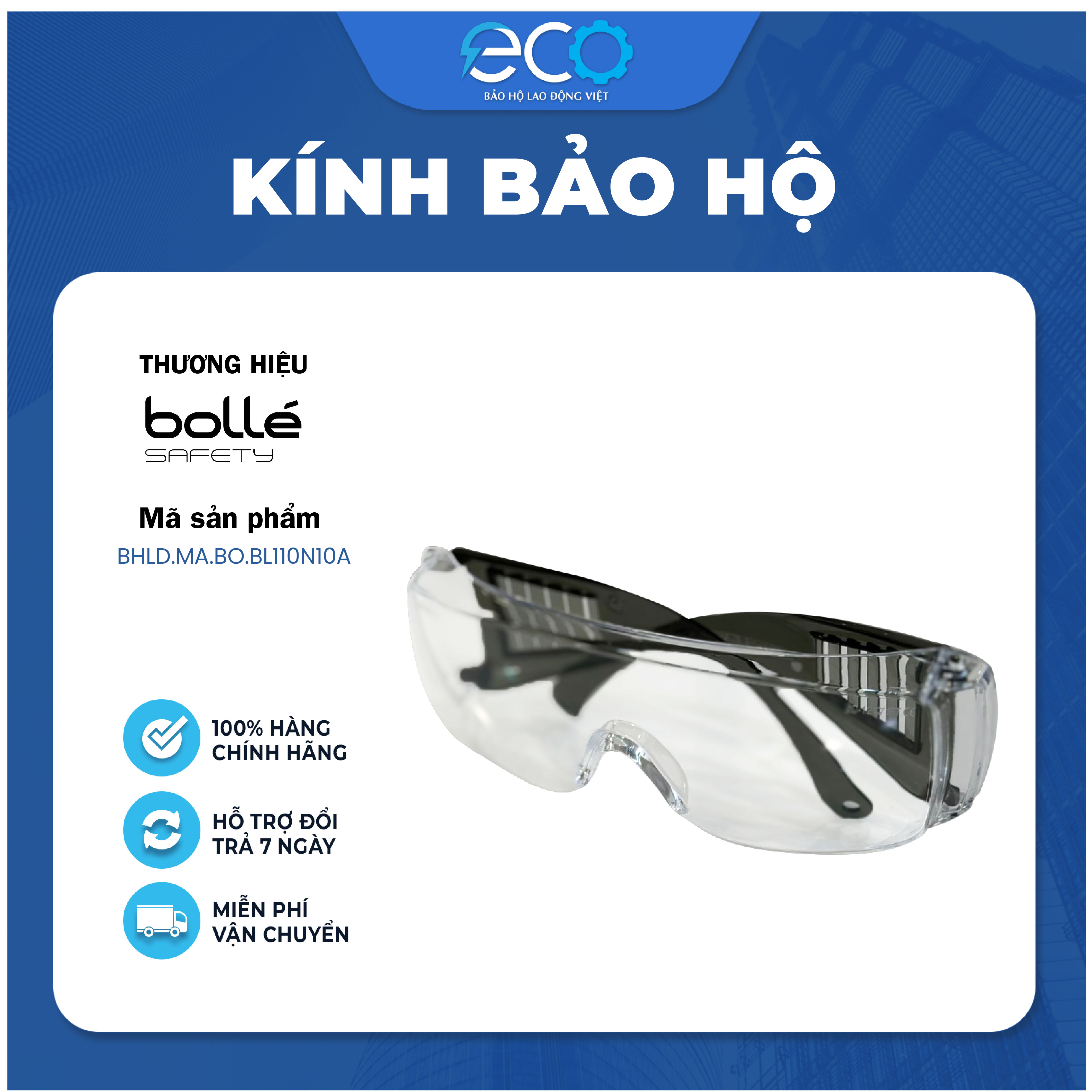 Kính bảo hộ chống hoá chất Bolle BL110N10A Pháp dùng chung được với kính cận