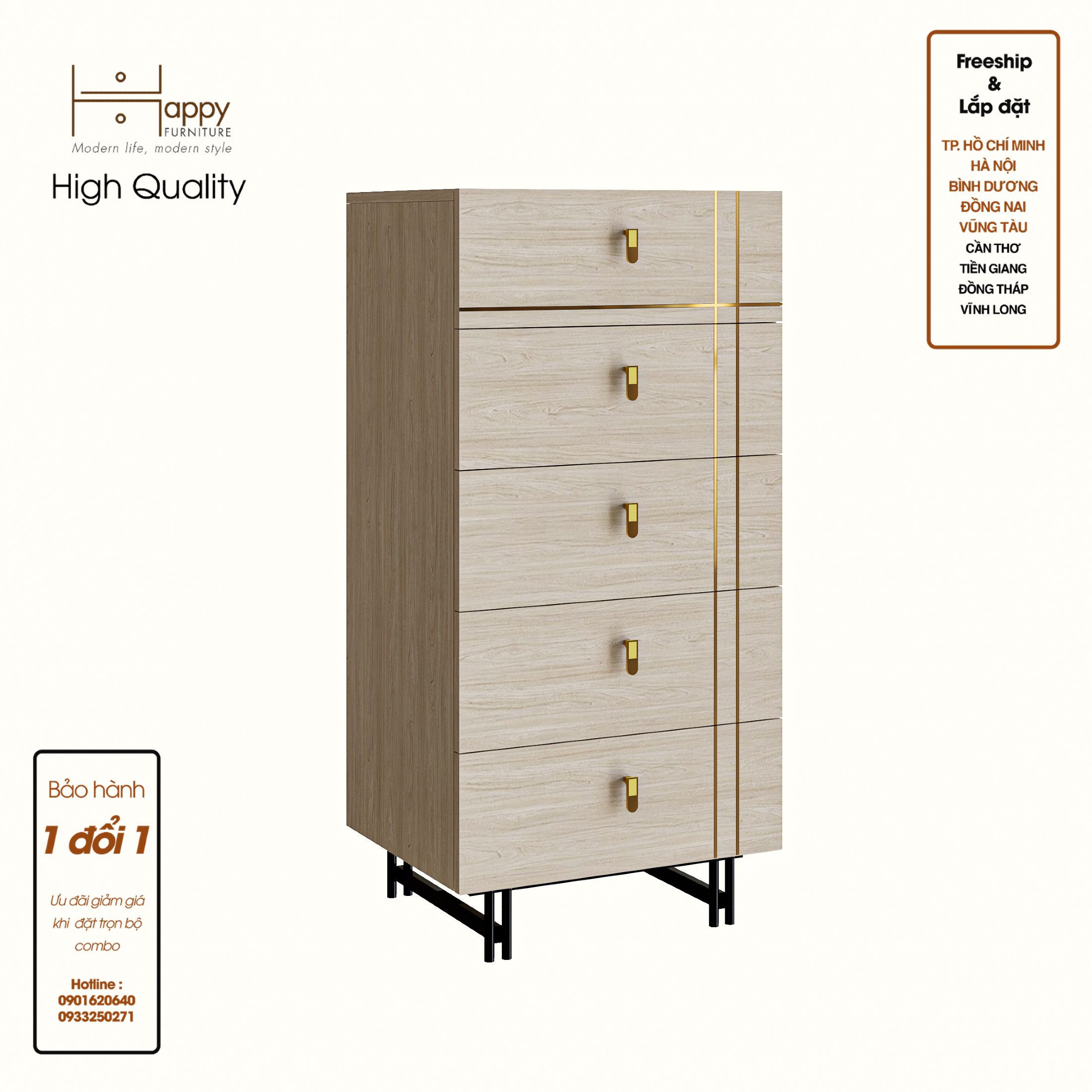 [Happy Home Furniture - 100% GỖ TỰ NHIÊN] JOCASTA, Tủ lưu trữ 5 ngăn kéo - Chân sắt, 56cm x 45cm x 116cm(DxRxC), THK_168