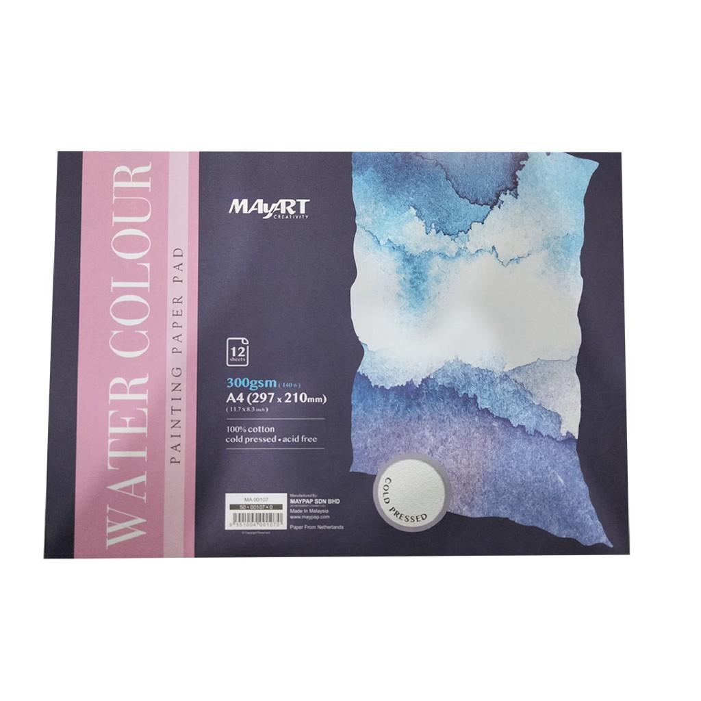 Sổ vẽ màu nước Maypad 300 gsm 100% Cotton hạng họa sĩ A5/A4/A3 Cold Press chồng 3 đến 4 lớp màu