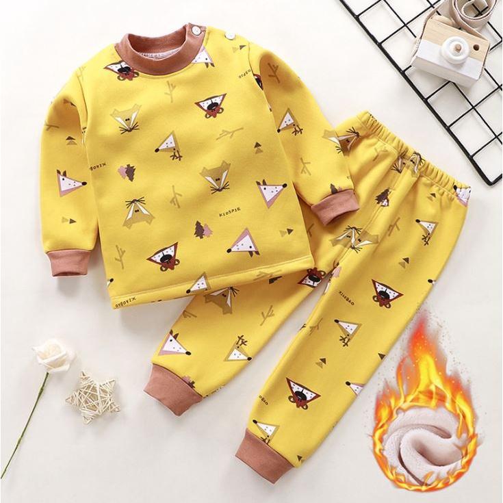 Bộ Quần Áo Thun Cotton Thu Đông Dài Tay Lót Nhung Dày Dặn Cho Bé Trai Màu Vàng Họa tiết - Me Yeu Con 1102 - Từ 7-27 Kg