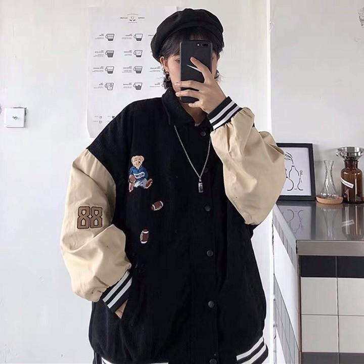 Áo Khoác Bomber Nhung Gân Thêu Gấu 89 Cổ Trụ Phối Màu Cực Xinh Form Rộng Unisex Nam Nữ Ulzzang