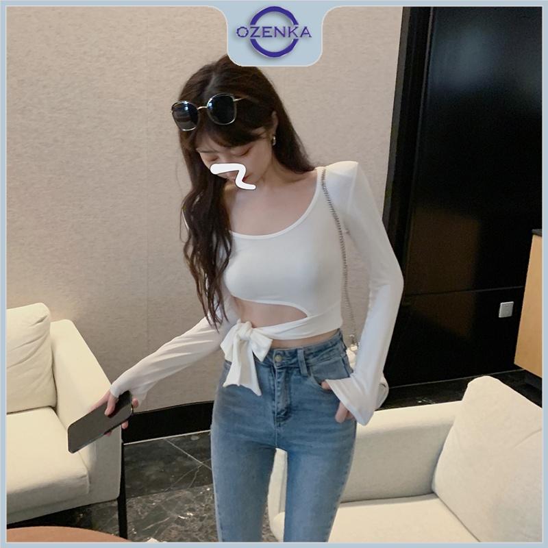 Áo croptop nữ tay dài hở eo gợi cảm OZENKA , áo crt kiểu cổ vuông ôm body buộc nơ sang chảnh đen trắng dưới 55 kg