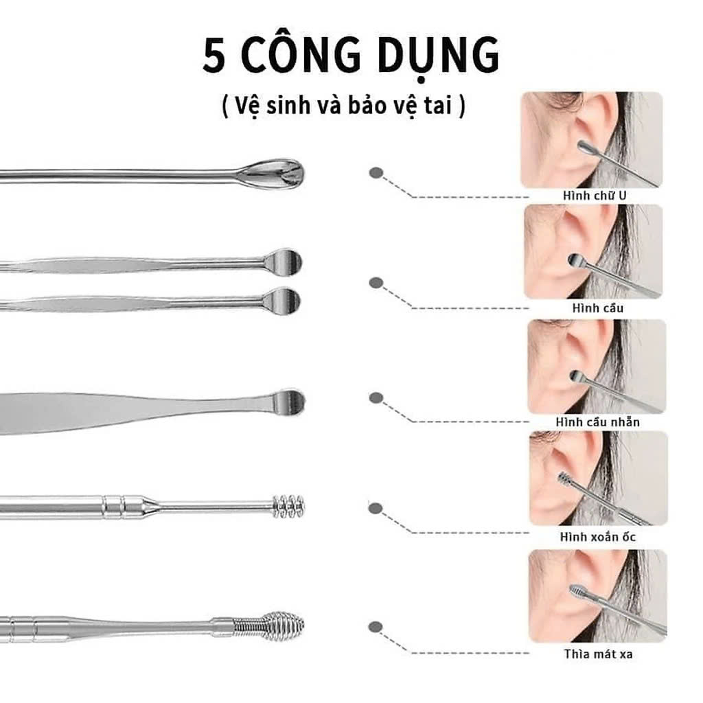 Bộ lấy ráy tai đa năng 6 món Cao cấp bằng thép không rỉ