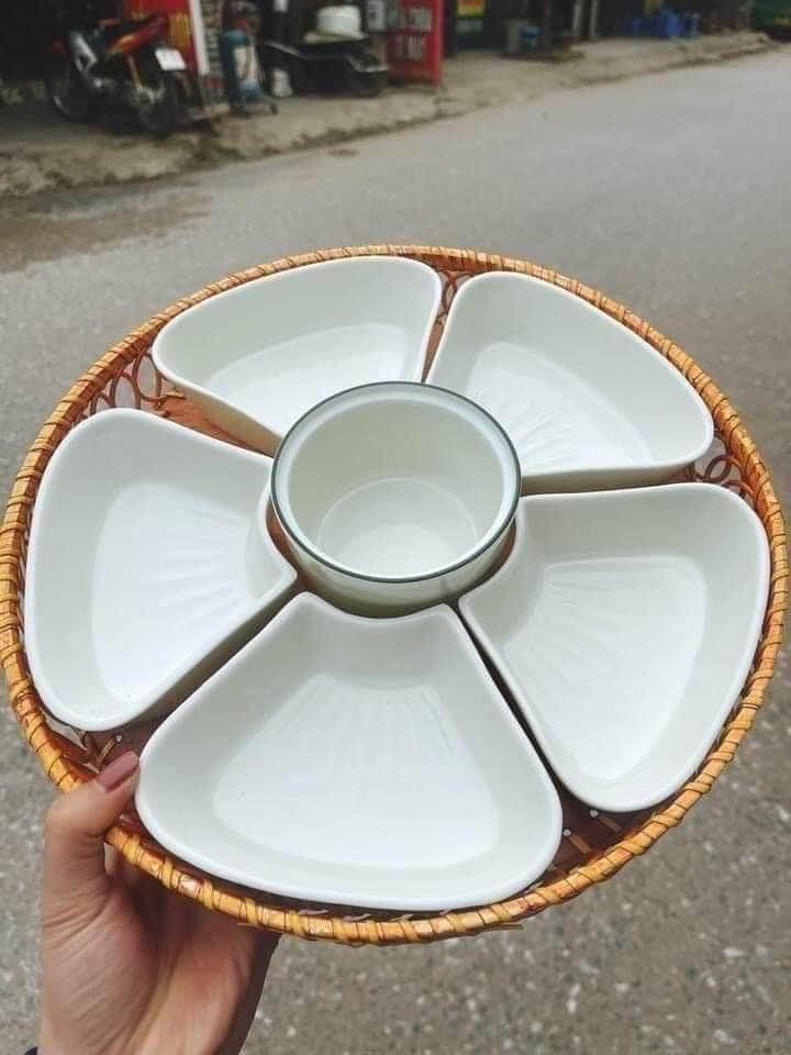 Bộ bát đĩa sứ 6 món kèm khay mây hàng loại 1