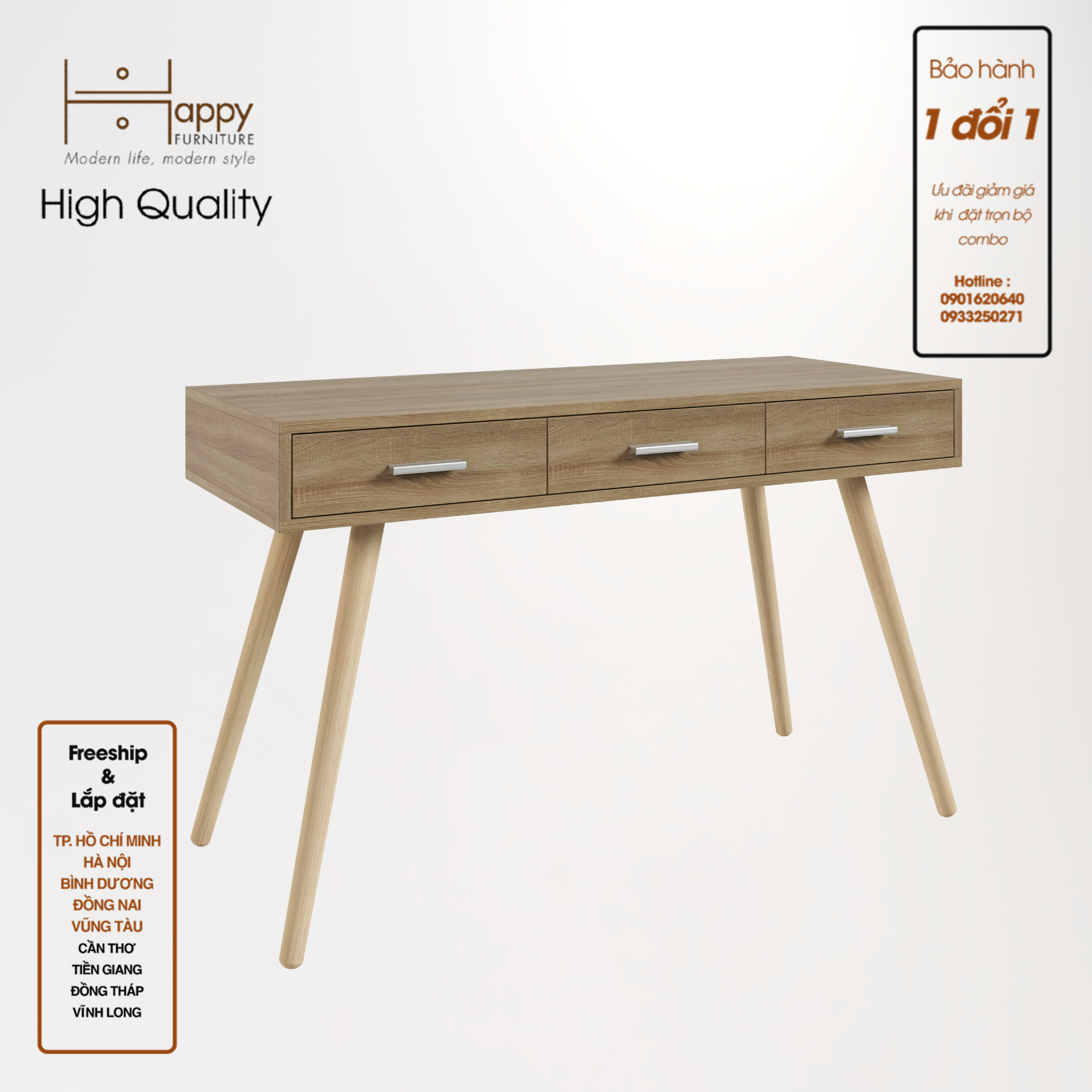 [Happy Home Furniture] OSRI, Bàn làm việc 3 ngăn - chân gỗ chéo ,  120cm x 50cm x 75cm ( DxRxC), BAN_003