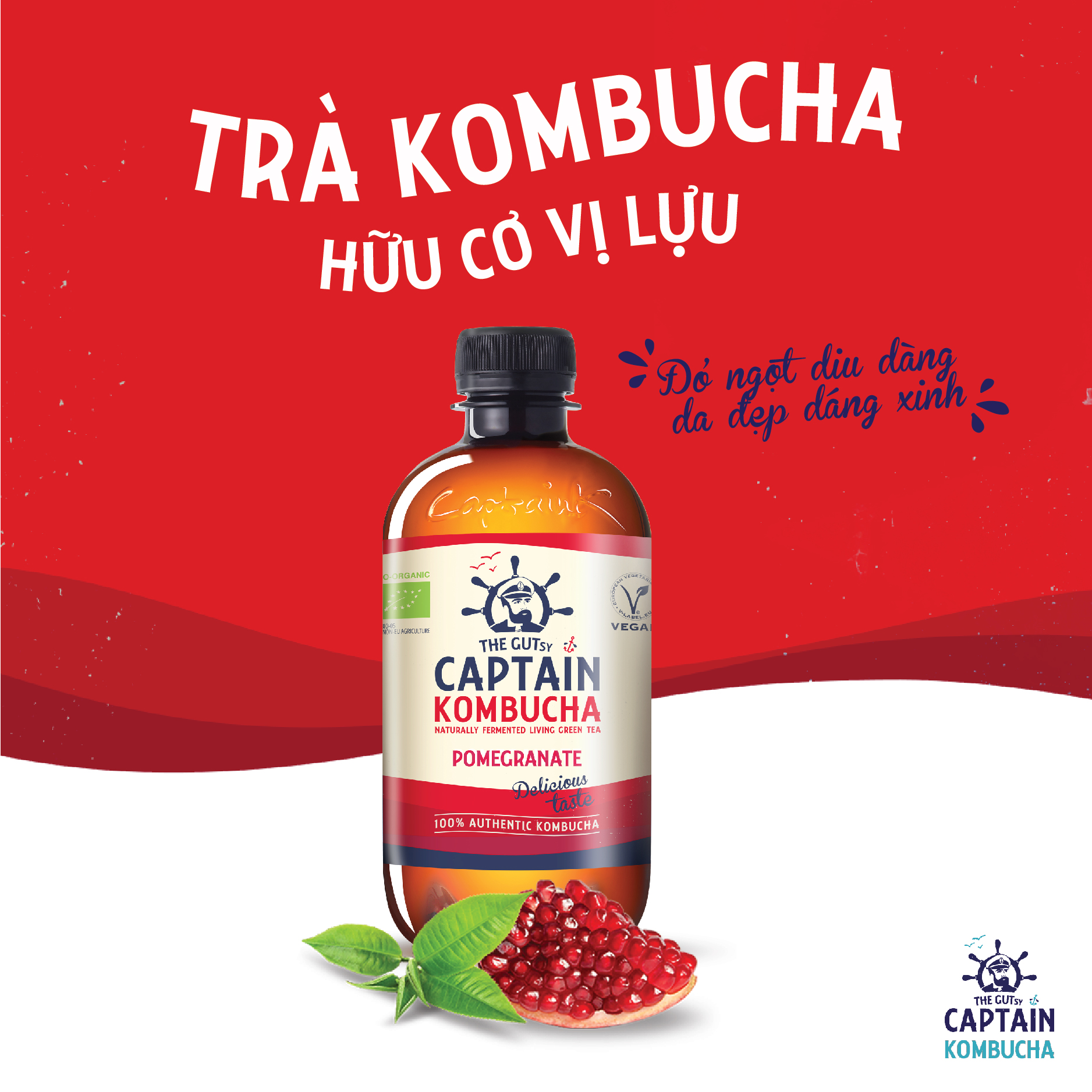 Trà dưỡng sinh Kombucha hữu cơ vị lựu  400ml Captain Kombucha