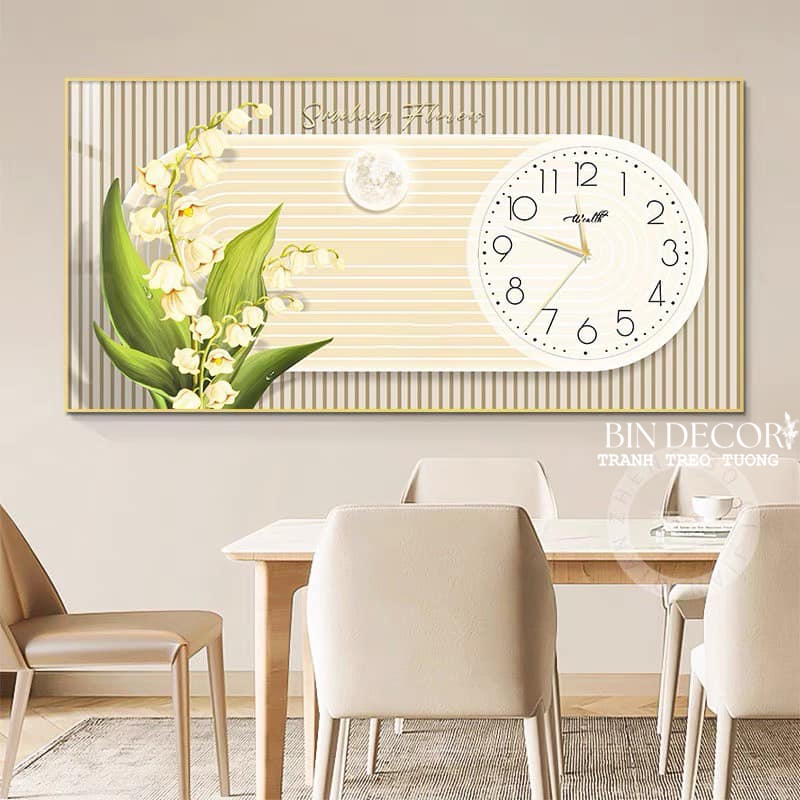 Tranh đồng hồ treo tường hoa linh lan tráng gương bo viền vàng kèm đinh treo