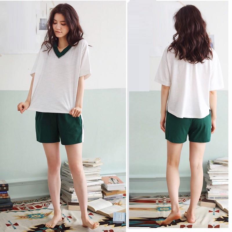 Bộ mặc nhà nữ thun cotton cổ chữ V trắng xanh