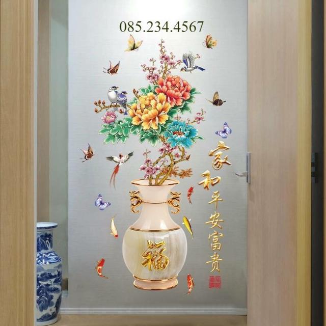 Decal dán tường Bình hoa mẫu đơn 3D To nhất