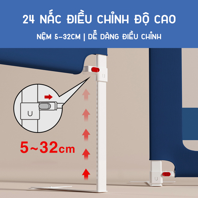 Bộ 2 thanh chắn giường cao tới 105cm chống kẹt, 24 nắc điều chỉnh, hạ 1 góc KidAndMom BR02 mẫu mới nhất trượt lên xuống