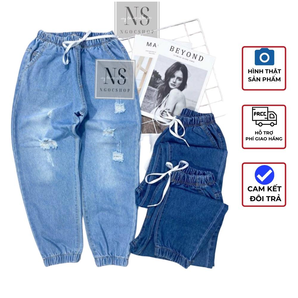 Quần jeans baggy nữ bo gấu lưng chun cào xước màu sắc xanh đậm xanh nhạt size 40-55 kg