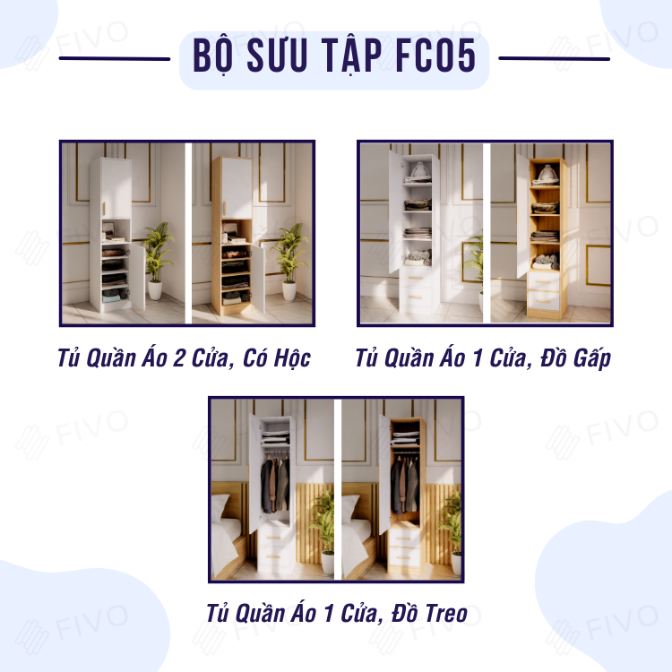 Tủ Quần Áo Giá Rẻ FIVO FC05 Gỗ MDF Lõi Xanh Chống Ẩm Cao Cấp, Đa Dạng Mẫu Mã, Có Nhiều Ngăn Chứa Đồ Tiện Dụng - Màu Gỗ Trắng