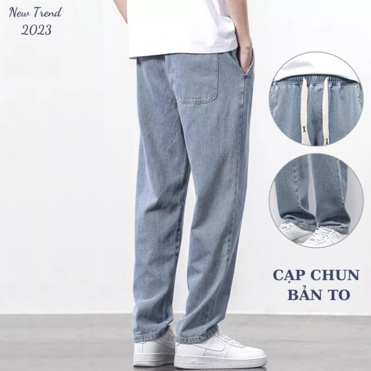 Quần jean nam baggy CẠP CHUN BẢN TO ống rộng ,Quần Bò Nam chun CẠP CAO phom Suông Chỉnh Eo Chất Bò cao cấp