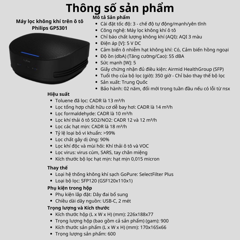 Máy lọc không khí ô tô Philips GP5301 hút mùi, vi khuẩn với đèn báo chất lượng không khí 3 mức - Hàng nhập khẩu