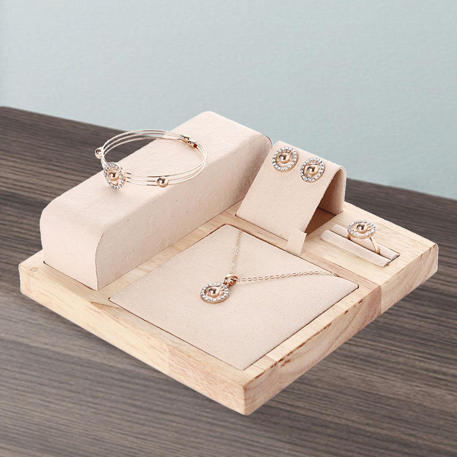 Wooden Velvet Jewelry Set Display Stand Necklace Earrings Holder Beige