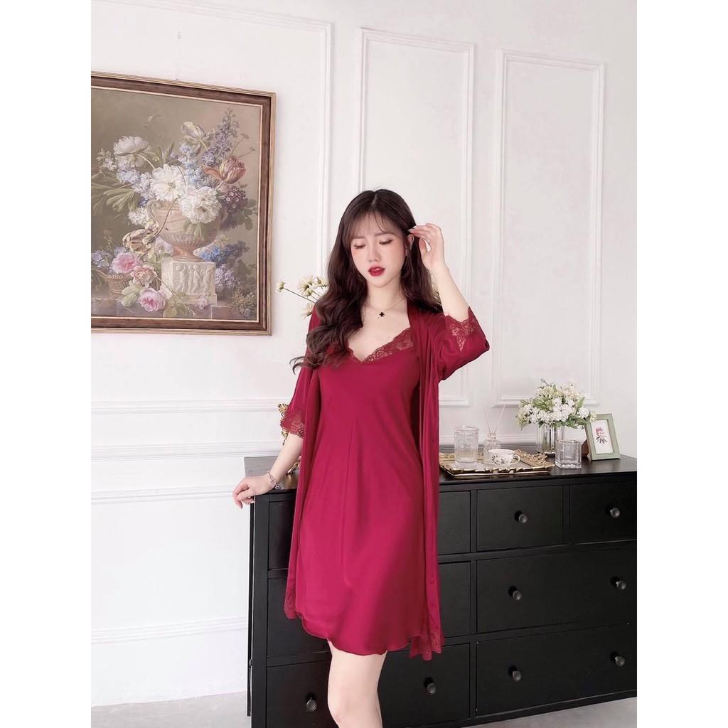 Set váy ngủ hai dây kèm áo choàng lụa chất đẹp thoáng mát