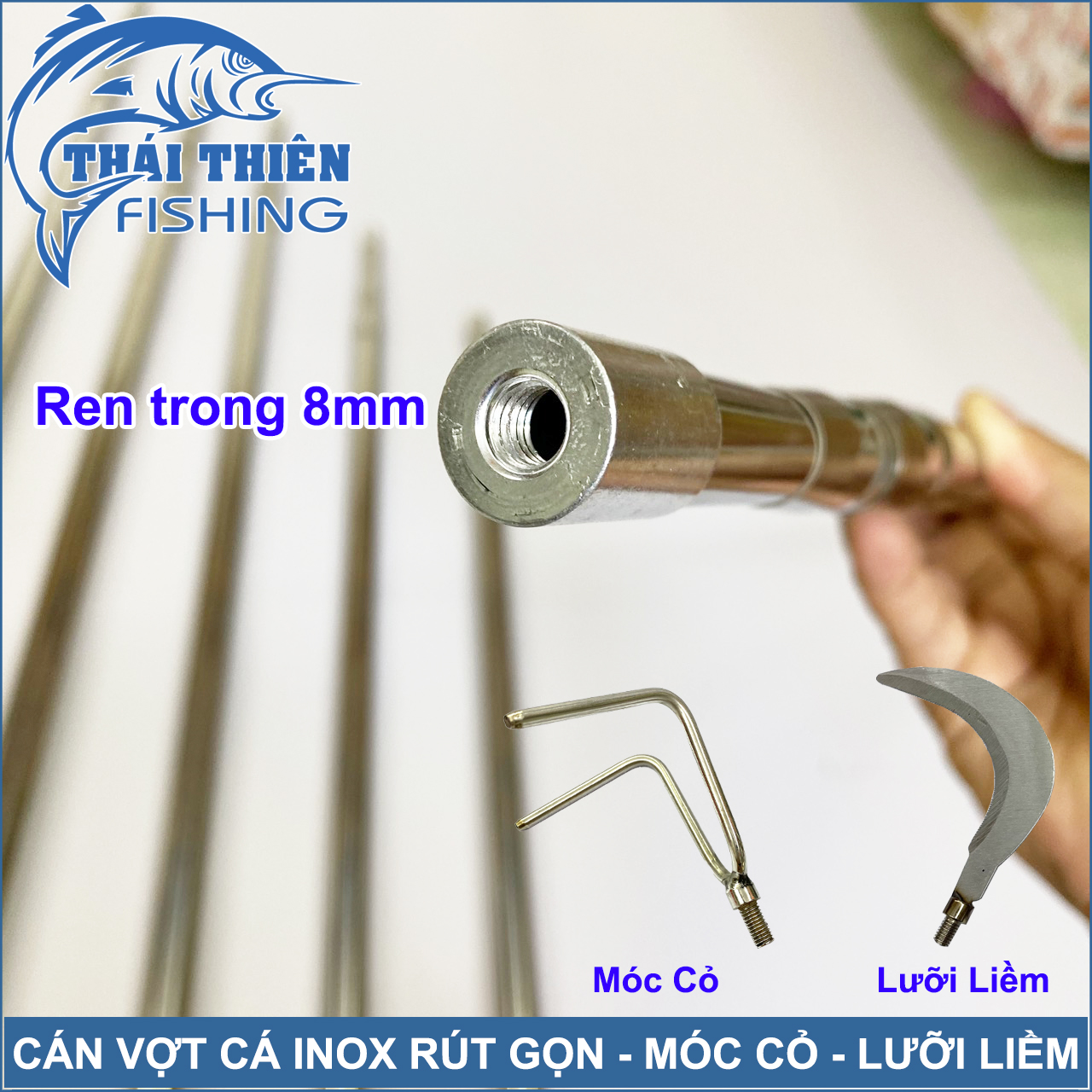 Cán vợt cá, cán gắn móc cỏ, cào lục bình Inox đầu ren trong 8ly dài 1m5 đến 6m có thể thu gọn