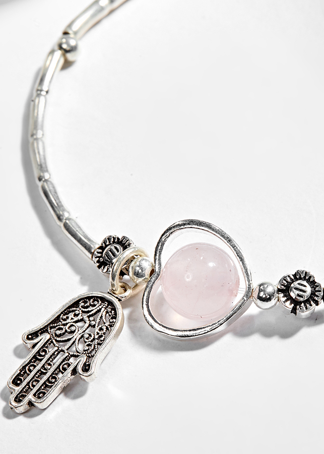 Vòng Tay Bạc 1 Hạt Đá Thạch Anh Hồng Phối Charm Bàn Tay Hamsa Bạc Ngọc Quý Gemstones