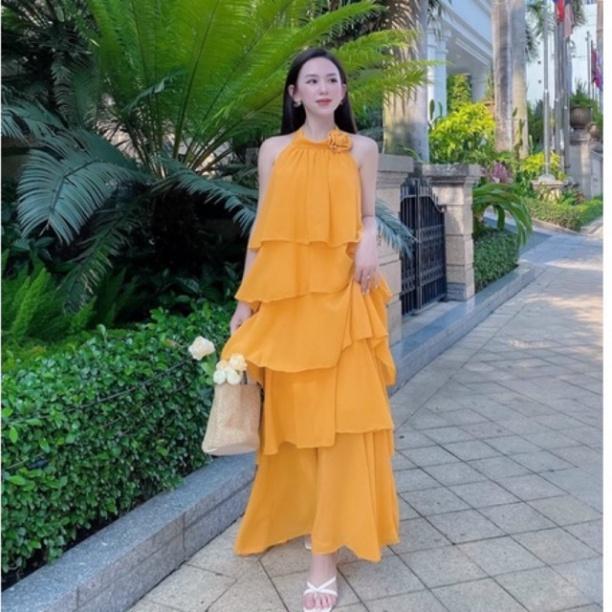 Đầm váy maxi voan chiffon lót 2 lớp mút ngực trắng tầng yếm hoa cổ vàng đi biển dự tiệc dạo phố bigsize gợi cảm sexy