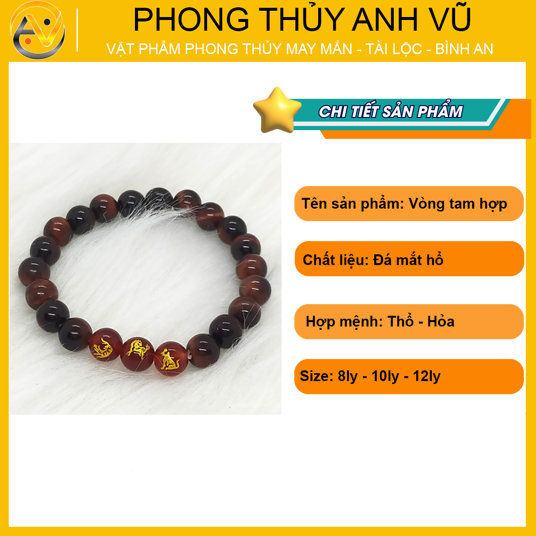 Vòng phong thủy mệnh hỏa dần ngọ tuất - chất liệu đá mắt hổ đỏ nâu - size 8 10 12ly cho nam nữ - may mắn tài lộc - Vòng Tam Hợp Anh Vũ