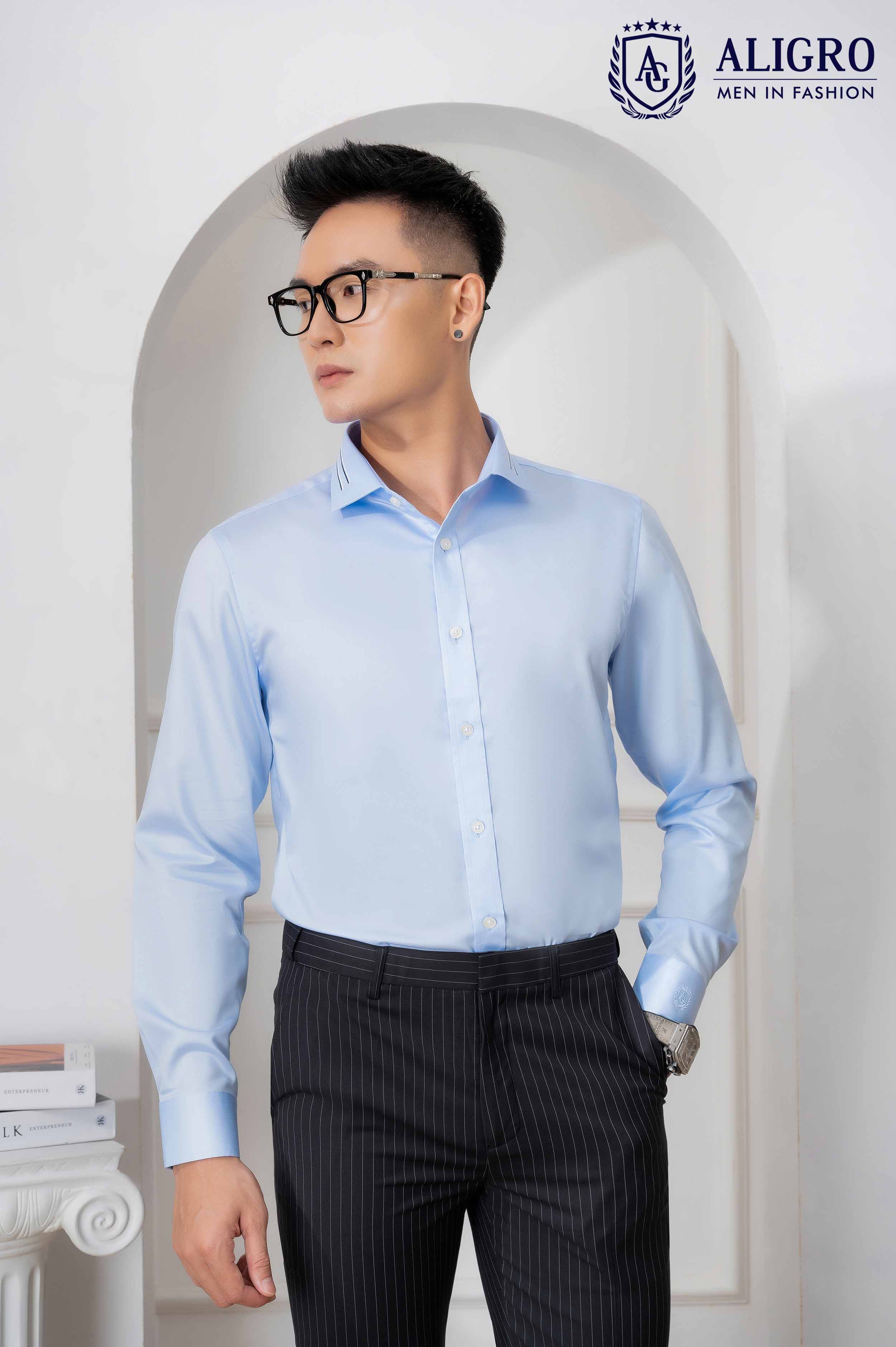 Hình ảnh Áo sơ mi nam dài tay ALIGRO cổ bẻ dáng ôm body 100% chất cotton xanh phối cổ  ALGS212