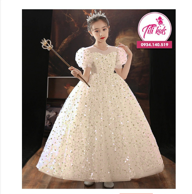 Váy Đầm Công Chúa Bé Gái Cao Cấp Kem Ren Kim Sa Thời Trang CC147