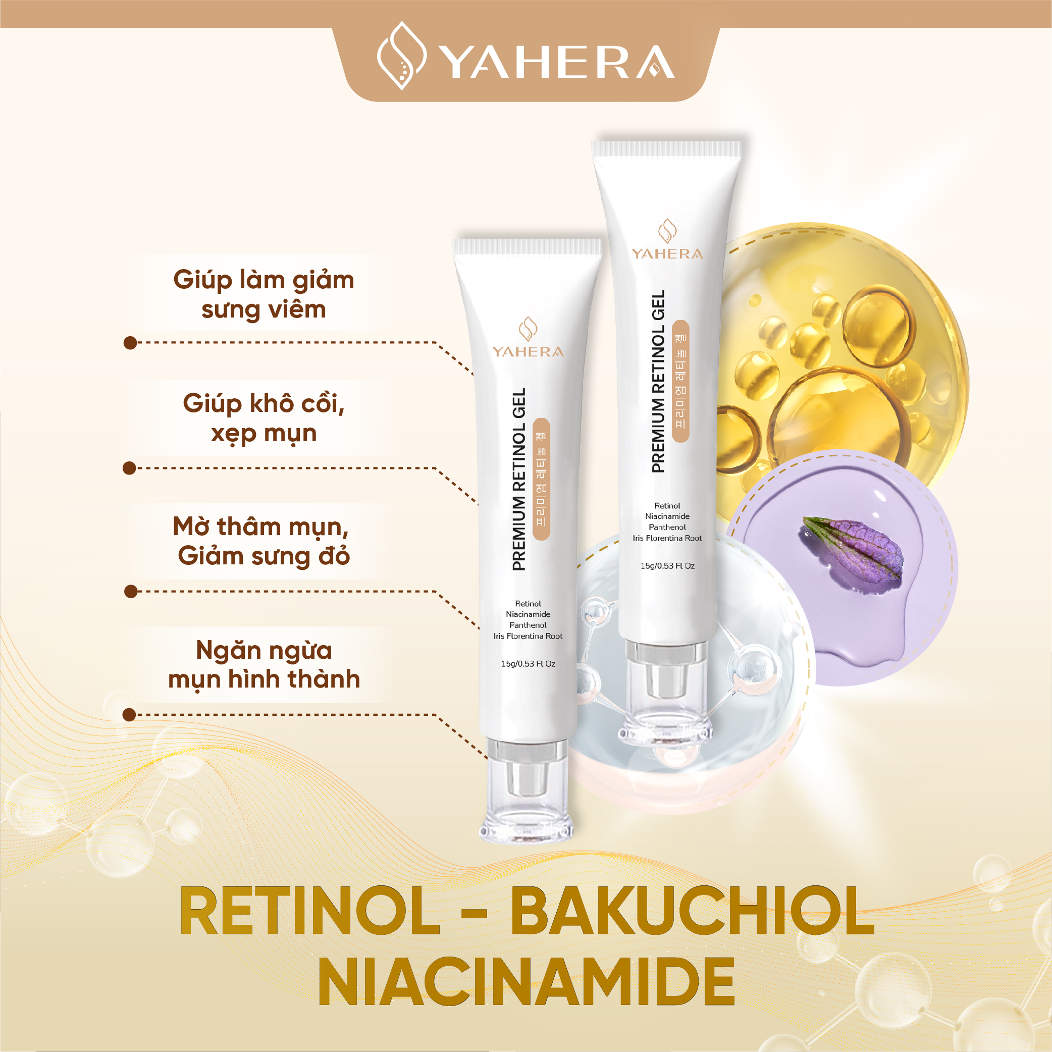 Gel chấm mụn cao cấp YAHERA Premium Retinol Gel giúp giảm sưng viêm khô cồi xệp mụn 15G