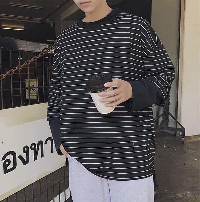 Áo thun tay dài form rộng unisex - sweater sọc nhí 2 ống tay