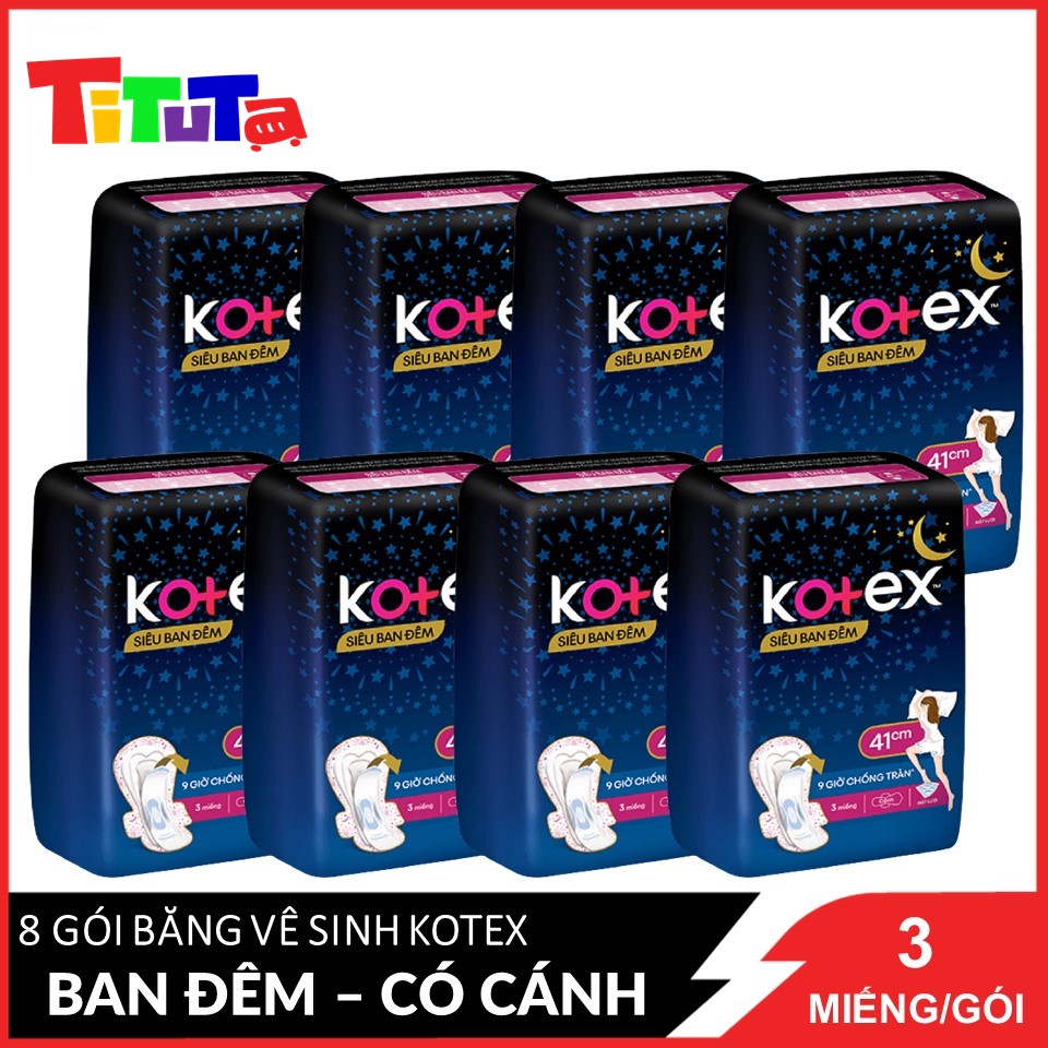 Combo 8 Băng Vệ Sinh Có Cánh 41cm Kotex Siêu Ban Đêm 9 Giờ Chống Tràn 3 miếng