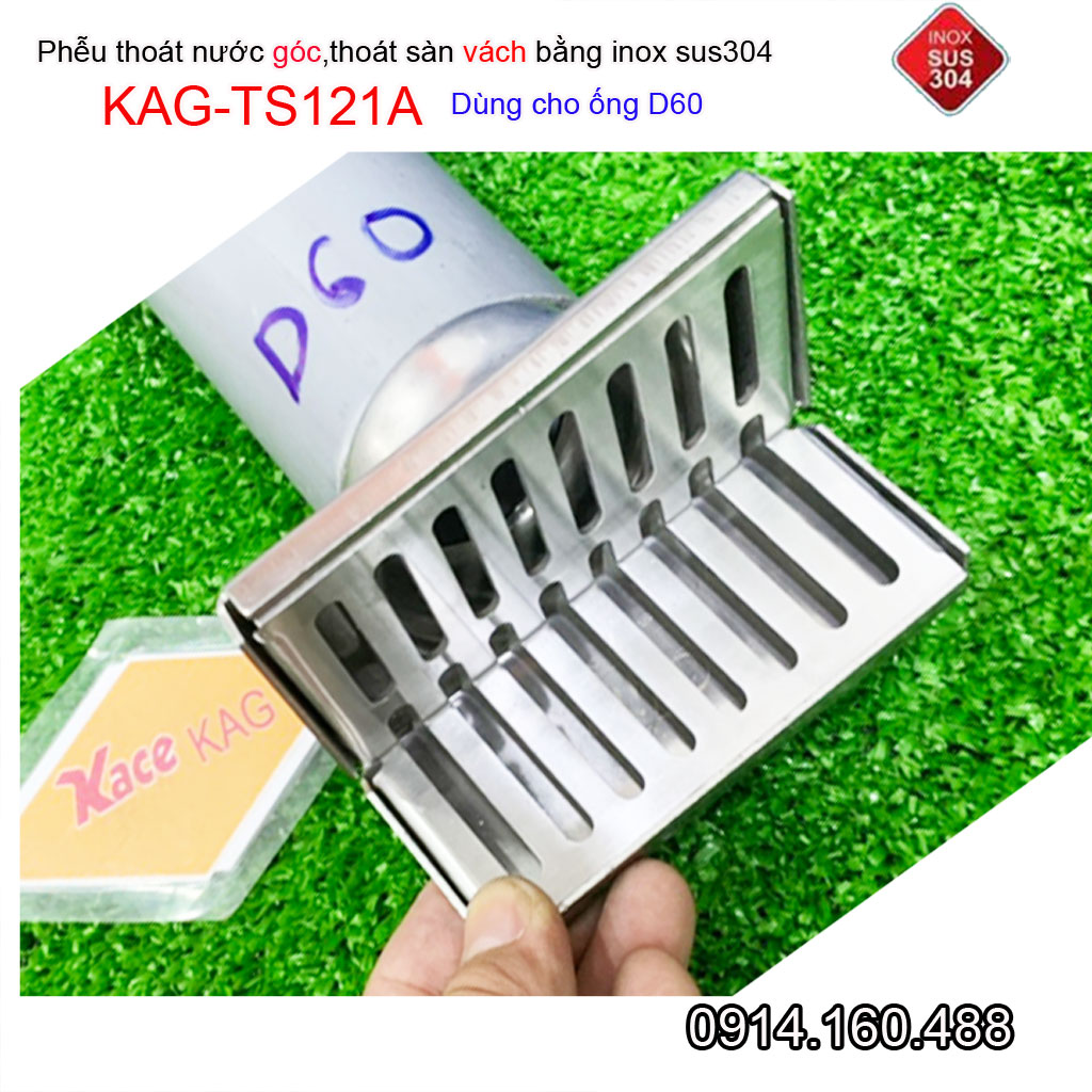 Phễu thoát nước ngang D60 inox 304 KAG-TS121A, Ga thoát sàn vào vách hành lang ban công góc tường thiết kế đẹp tiện dụng siêu bền