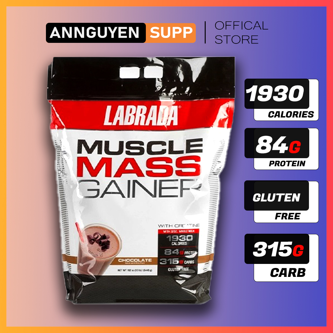 Sữa Tăng cân &amp; Tăng cơ - Muscle Mass Gainer từ Labrada - Cung cấp Calories, Protein, BCAAs &amp; 20 Loại Vitamin Khoáng chất - Hỗ trợ tăng cân tăng cơ nhanh cho người gầy kén ăn, khó hấp thụ thức ăn tự nhiên