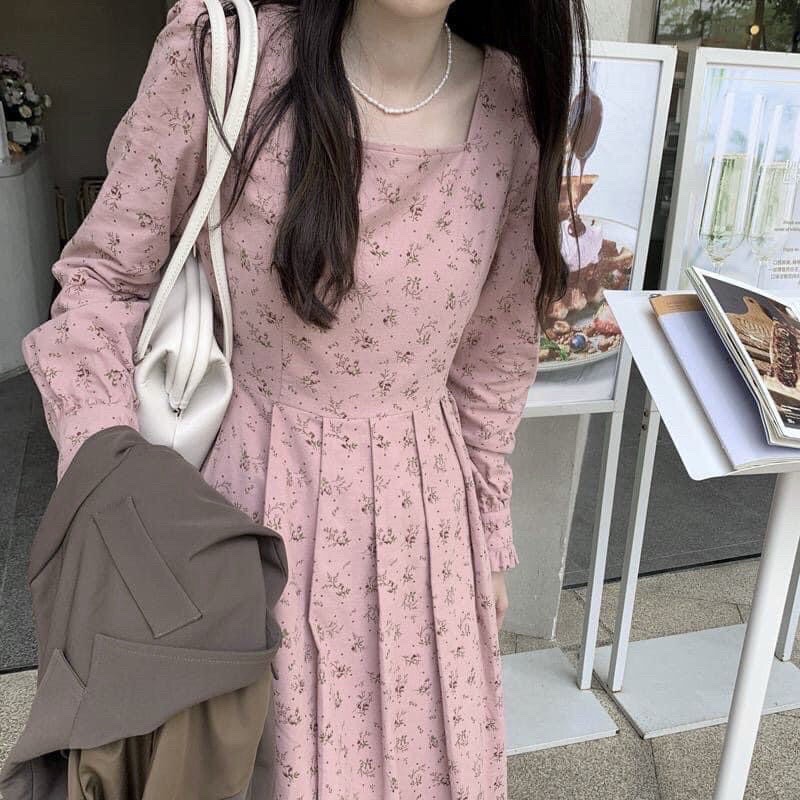 Đầm nhung hoa nhí cổ vuông vintage hàn quốc - váy babydoll nhung tiểu thư