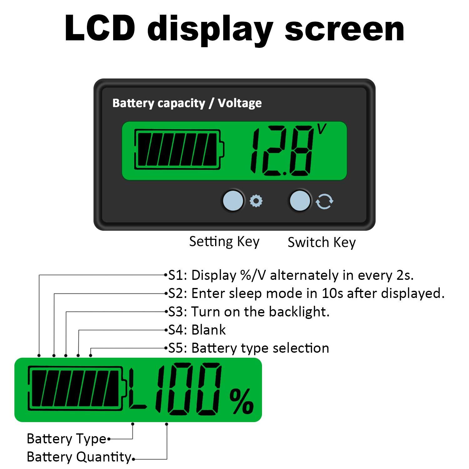 Máy đo pin DC, Máy kiểm tra màn hình phần trăm dung lượng điện áp pin kỹ thuật số Đầu đọc pin DC 8-63V