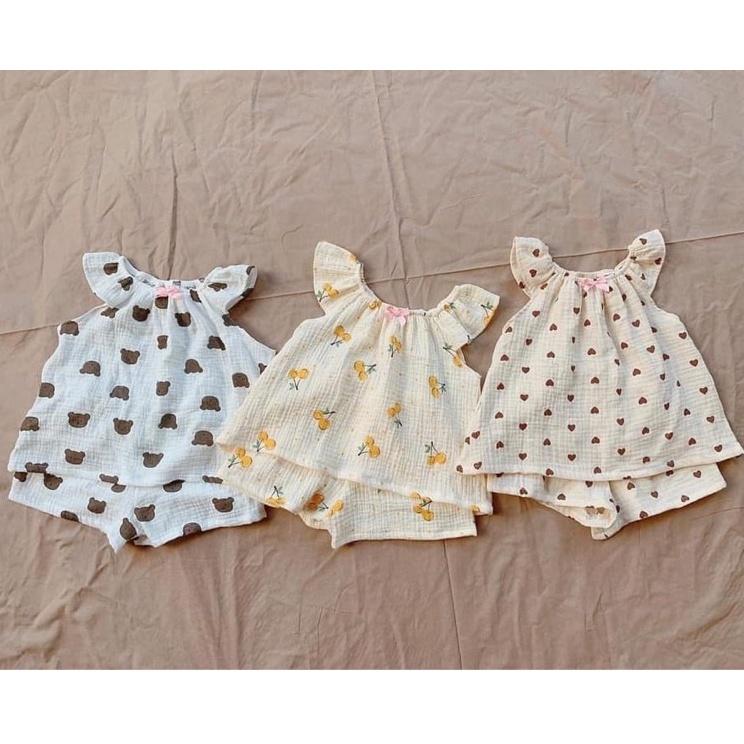 Đồ bộ bé gái 8 đến 16 kg vải xô Muslin QATE751 - bộ 2 dây bé gái xinh xắn