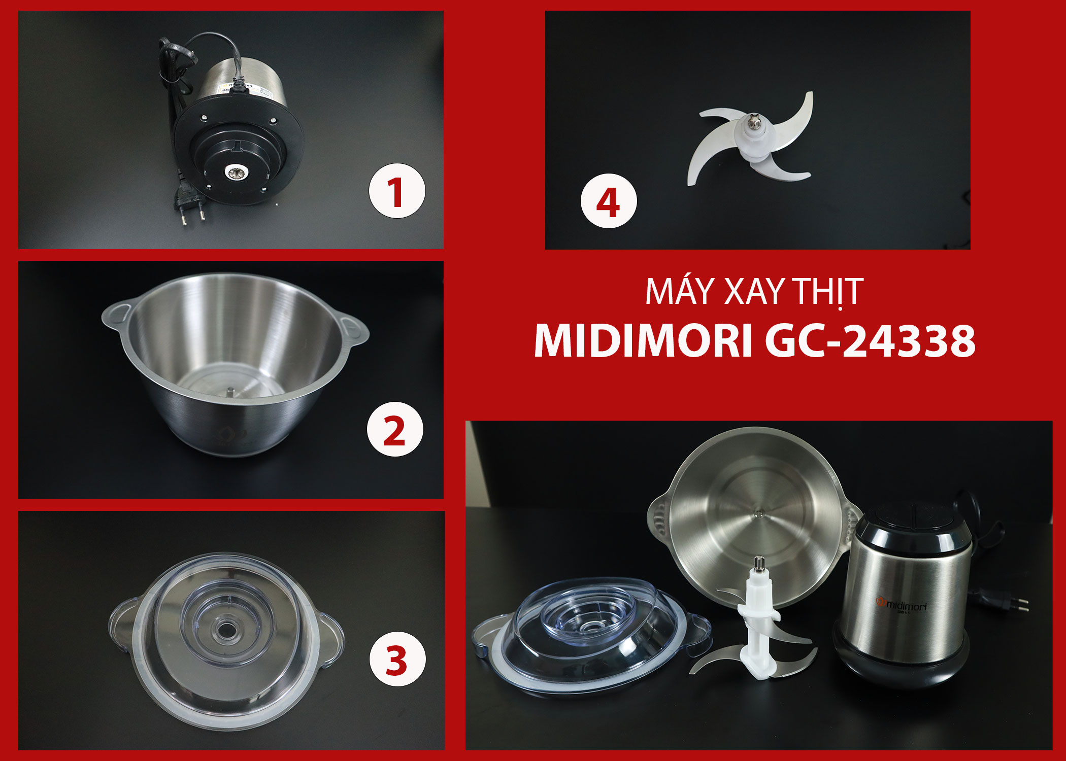 Máy Xay Thịt Đa Năng Thân Inox Chopper Midimori GC-24338 - Đen - Hàng chính hãng