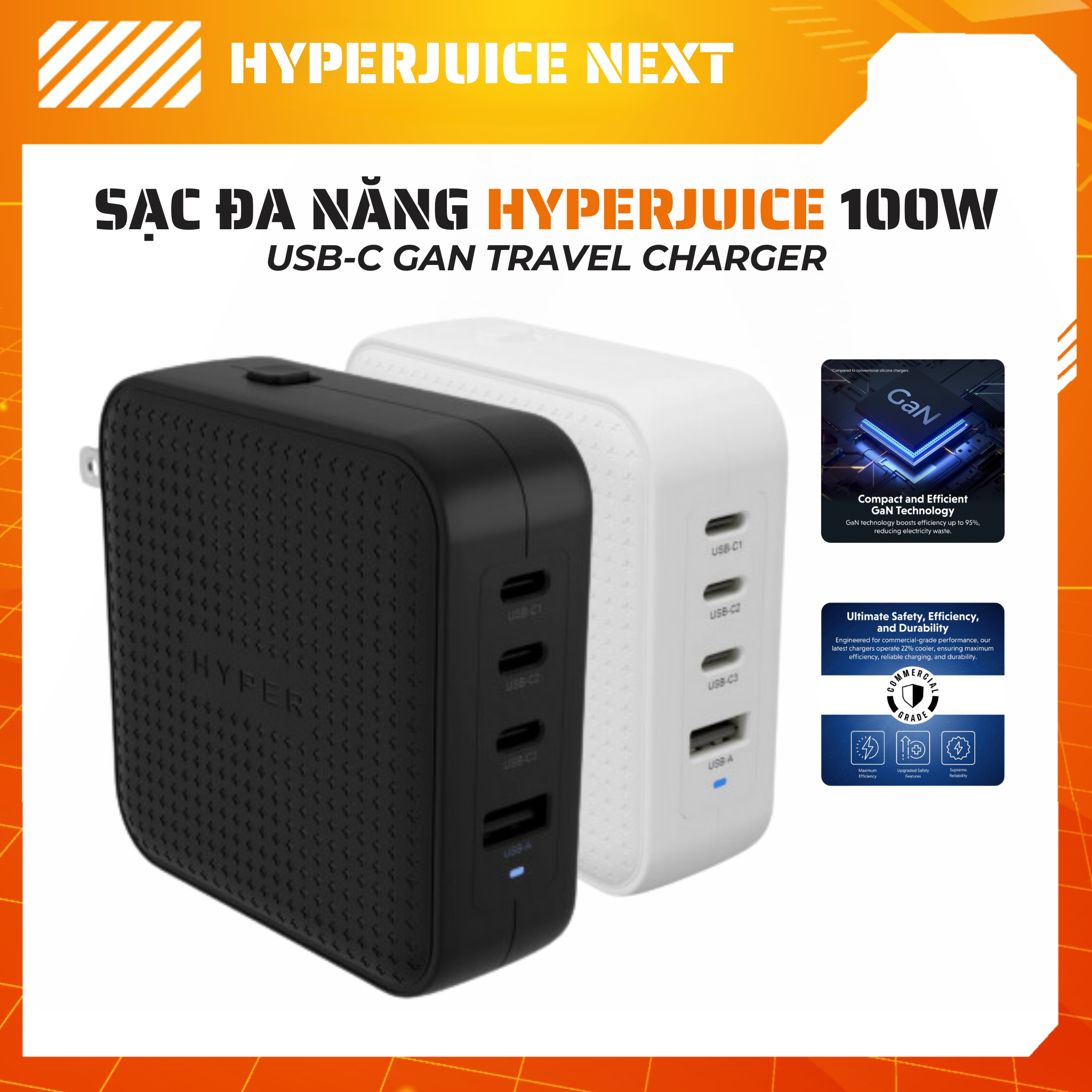 Sạc Nhanh HyperJuice Travel Charger 100W USB-C GaN  – Sạc Đa Thiết Bị, Tối Ưu Cho Mọi Chuyến Đi, Hàng chính hãng