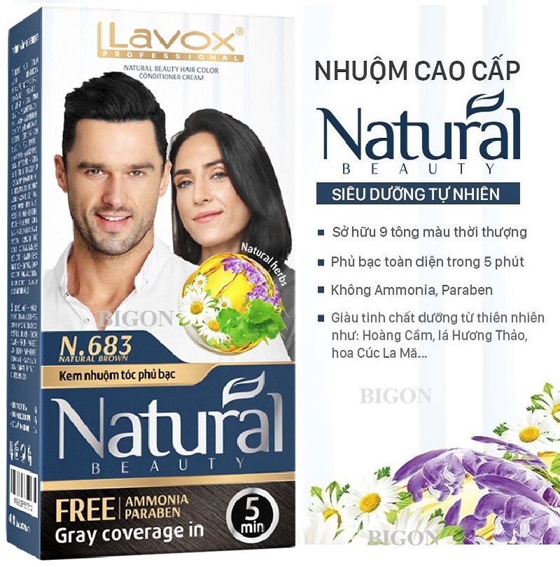 (Nâu Tự Nhiên) Kem Nhuộm Phủ Bạc Cao Cấp Siêu Dưỡng, Tự Nhiên Lavox N.683 - Natural Brown