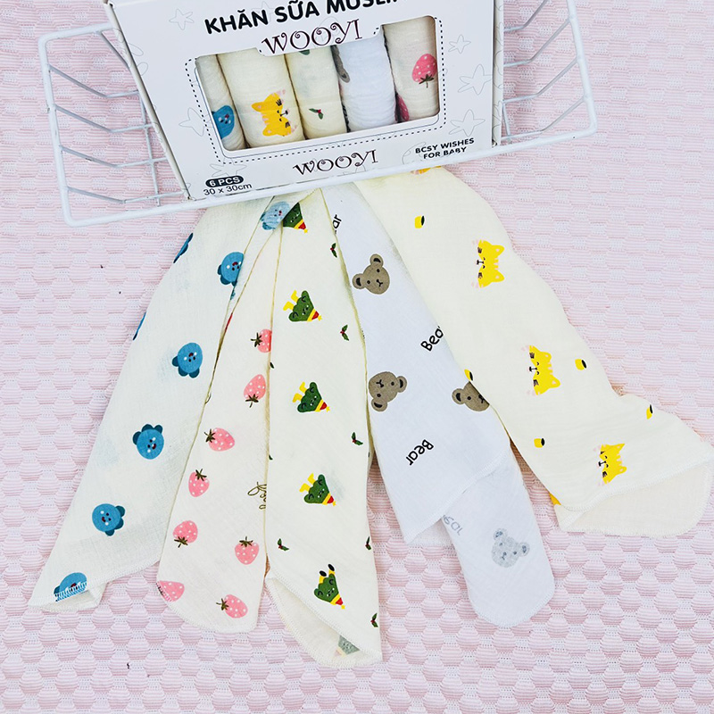 Khăn sữa Muslin 2 lớp sợi tre cao cấp hộp 6 cái 30x30cm