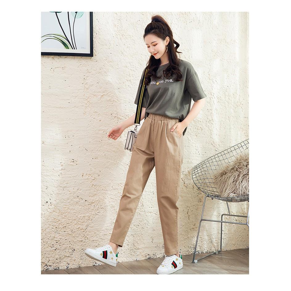 Quần baggy dạ cạp chun đáp sườn hai màu đen - be Q80 RumHana