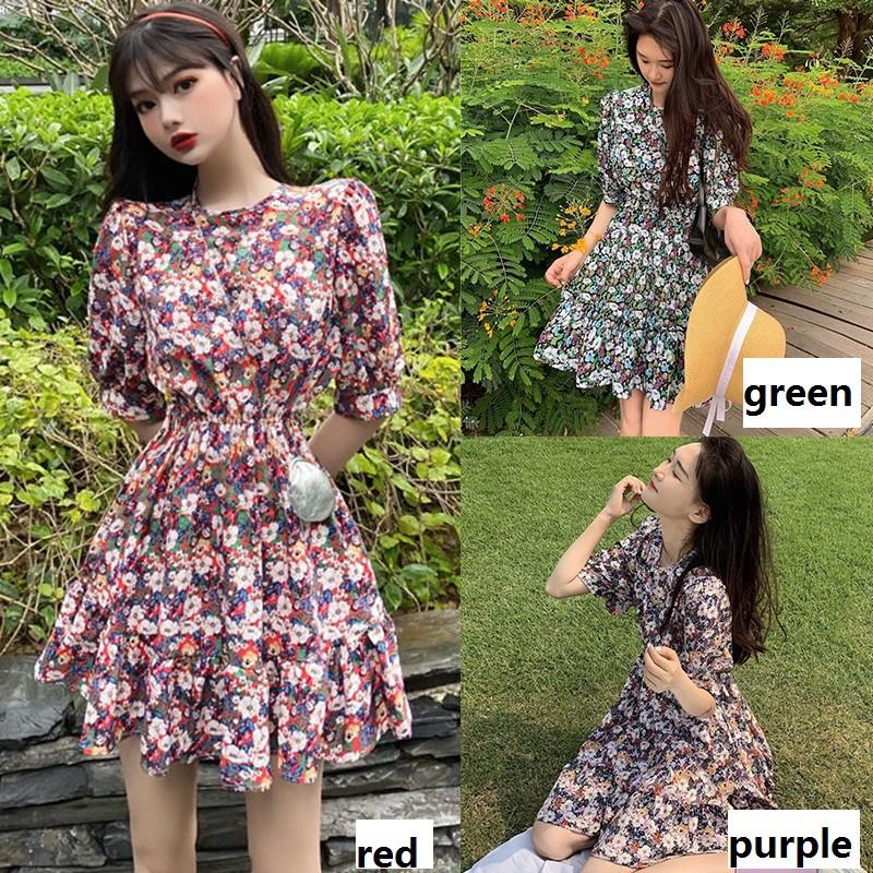 Đầm Tay Ngắn Cổ Tròn Hoạ Tiết Hoa Thiết Kế Thanh Lịch