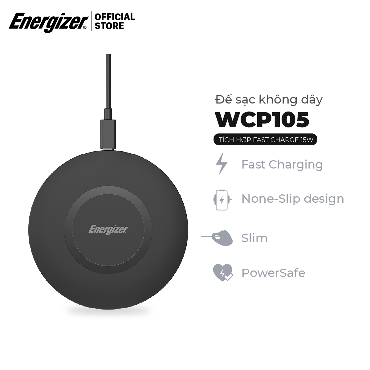 Đế sạc không dây Energizer 15W kèm cáp MicroUSB - WCP105BK - Hàng chính hãng