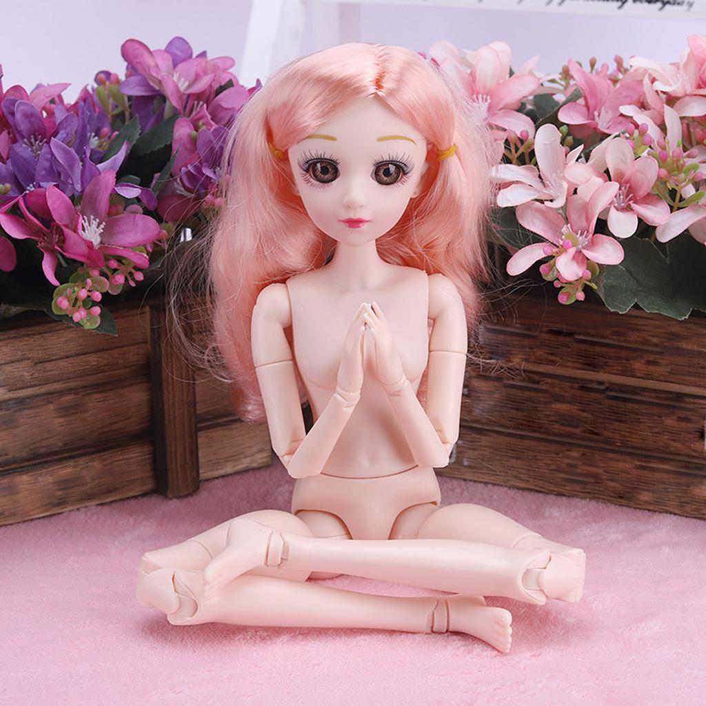 36cm Ball Jointed Doll Body DIY Parts White Skin Pink Hair W/ 5 Set Clothes