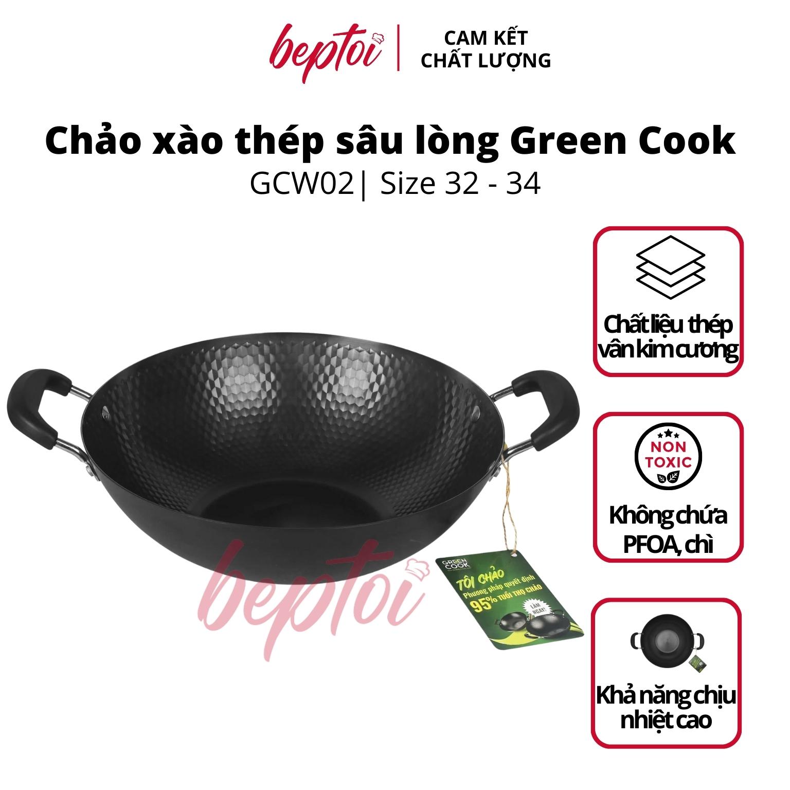 Chảo xào thép sâu lòng vân kim cương Green Cook GCW02 chống dính tự nhiên dùng được trên tất cả các loại bếp